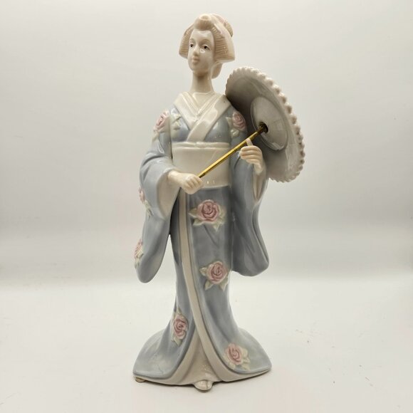 Vintage Porcelain Geisha Figurine w/ Parasol – Blue Kimono, Roses - Picture 1 of 8
